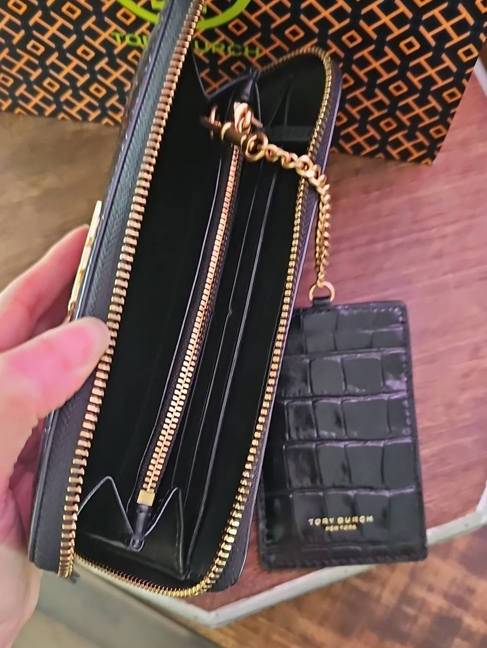 Tory Burch Black Croc-Embossed Zip Wallet with Gold Logo - Excellent Condition!